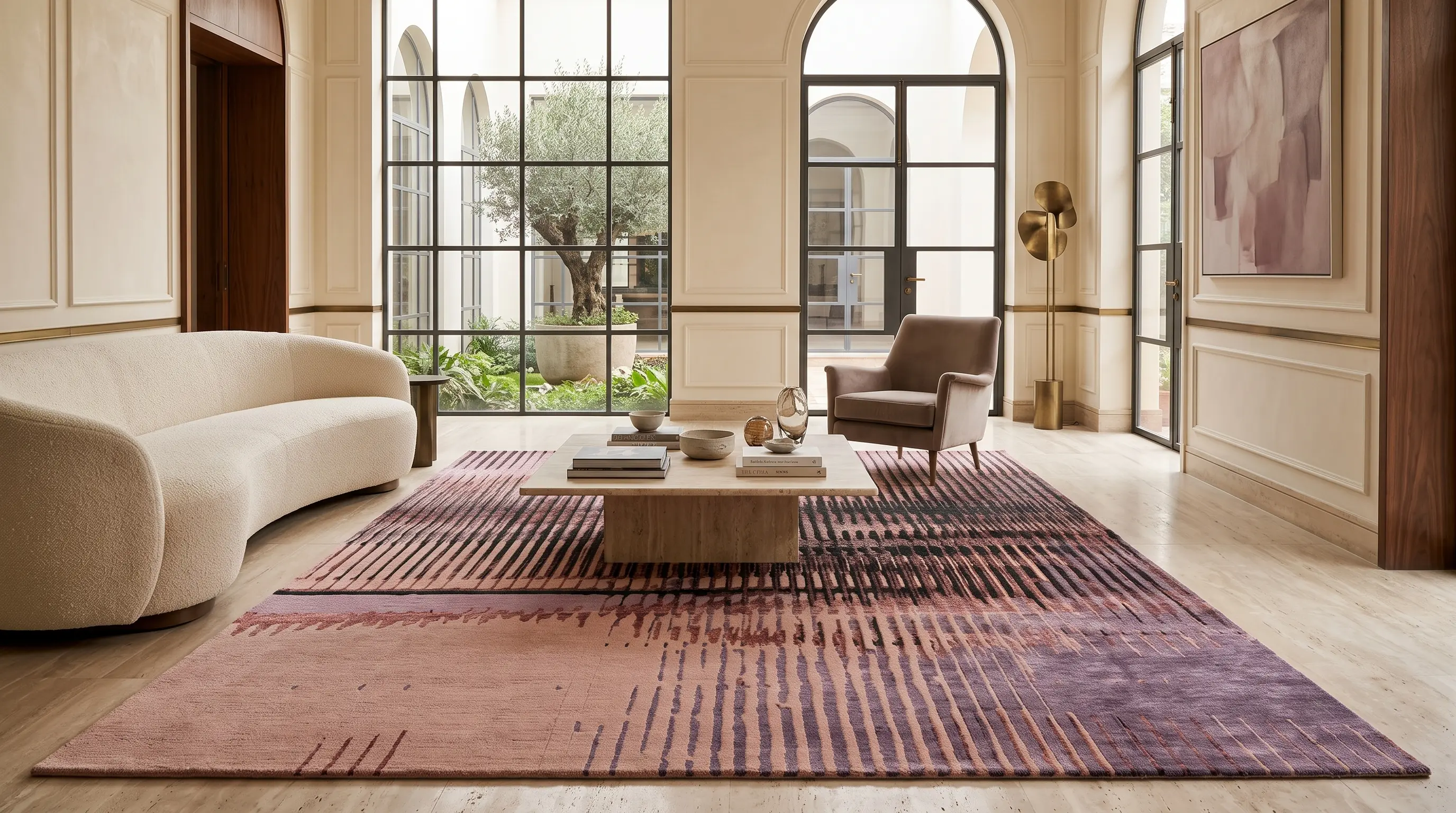 The Mauve FROST rug in a warm, architectural living room